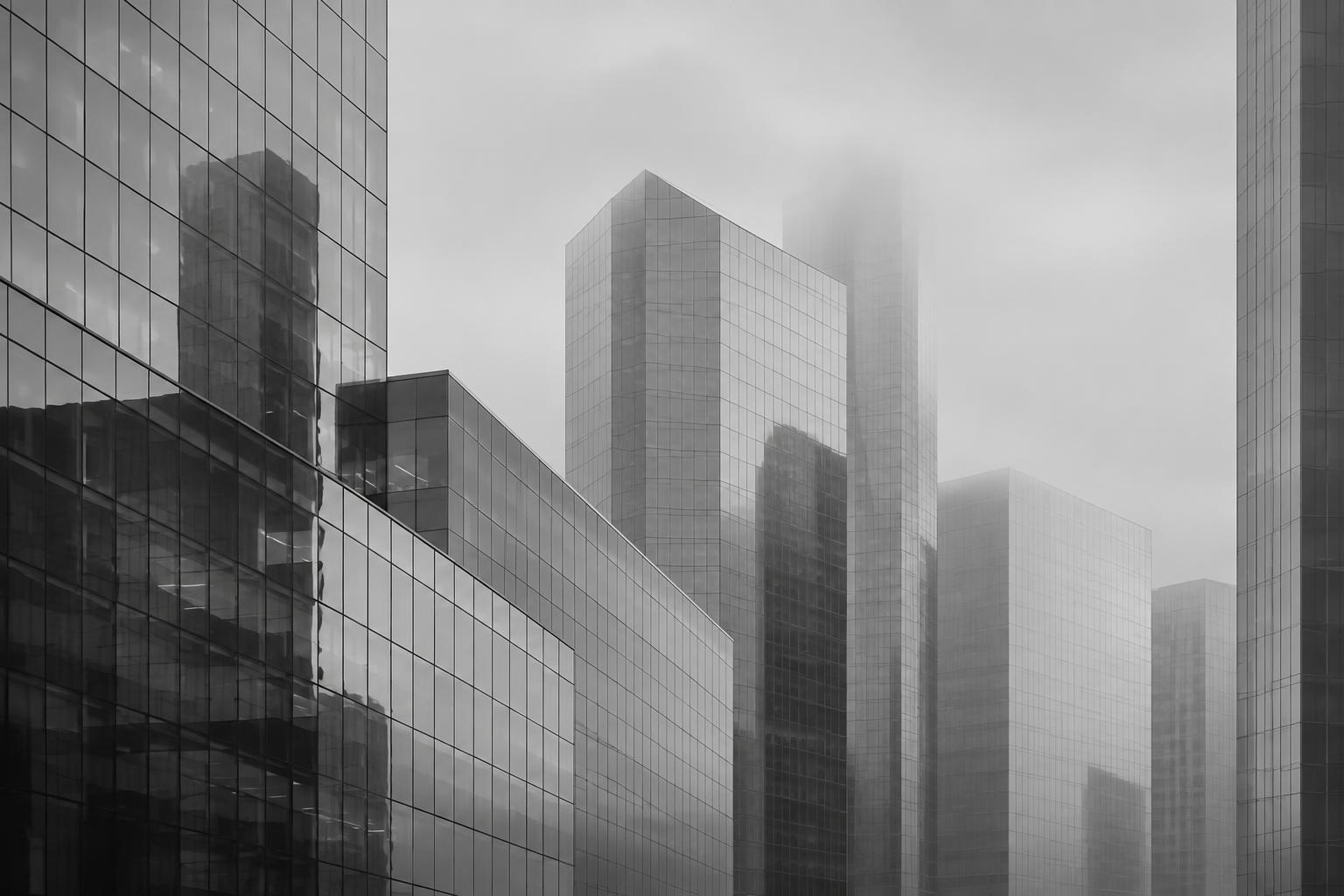 Abstract glass buildings in soft atmospheric haze